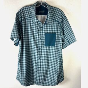 Smartwool Shirt Mens Large green blue Polo Everyday casual gingham check patches